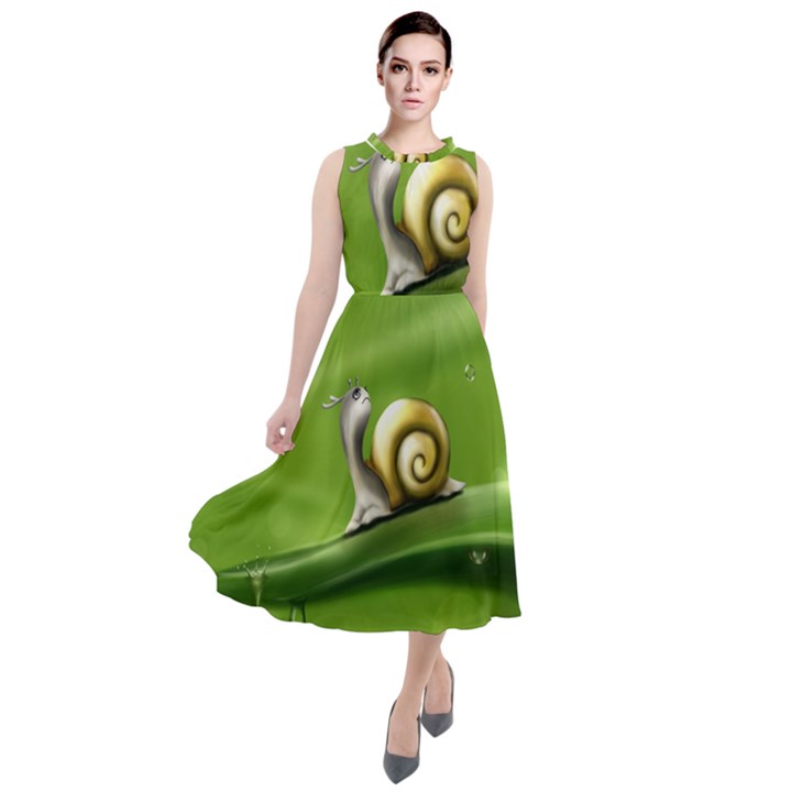 Snail Drops Rain Drawing Green Round Neck Boho Dress