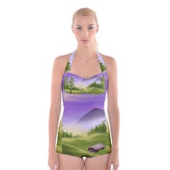 Digital Art Painting Landscape Boyleg Halter Swimsuit  by Wegoenart