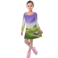 Digital Art Painting Landscape Kids  Long Sleeve Velvet Dress by Wegoenart