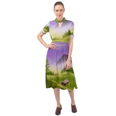 Digital Art Painting Landscape Keyhole Neckline Chiffon Dress