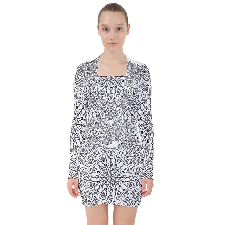 Mandala Drawing Unique Art Pattern V-neck Bodycon Long Sleeve Dress