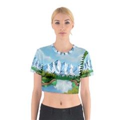 Digital Design Landscape Mountains Cotton Crop Top by Wegoenart