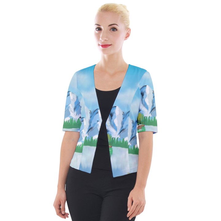 Digital Design Landscape Mountains Cropped Button Cardigan