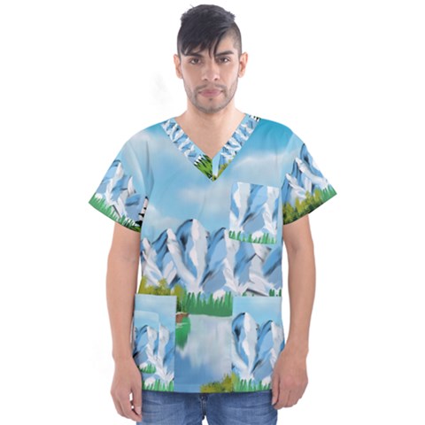 Digital Design Landscape Mountains Men s V-neck Scrub Top by Wegoenart