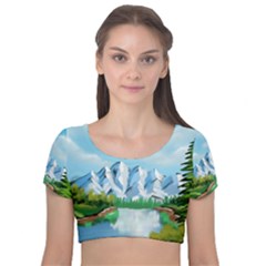 Digital Design Landscape Mountains Velvet Short Sleeve Crop Top  by Wegoenart