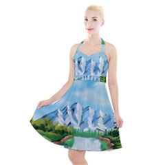 Digital Design Landscape Mountains Halter Party Swing Dress  by Wegoenart