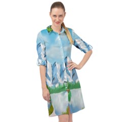 Digital Design Landscape Mountains Long Sleeve Mini Shirt Dress