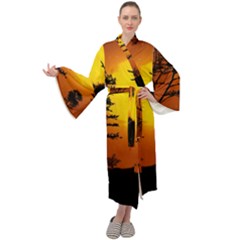 Digital Art Landscape Trees Artwork Maxi Tie Front Velour Kimono by Wegoenart