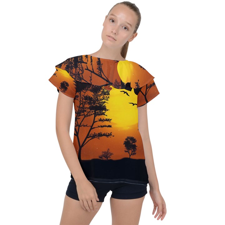 Digital Art Landscape Trees Artwork Ruffle Collar Chiffon Blouse