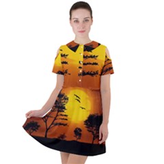 Digital Art Landscape Trees Artwork Short Sleeve Shoulder Cut Out Dress 