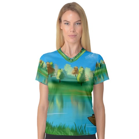 Digital Art Artwork Landscape Boat V-neck Sport Mesh Tee by Wegoenart