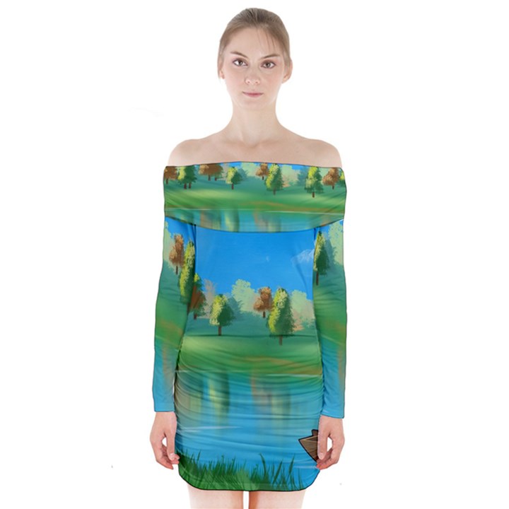 Digital Art Artwork Landscape Boat Long Sleeve Off Shoulder Dress