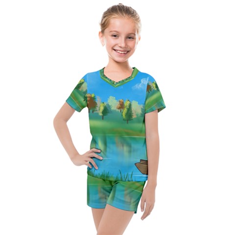 Digital Art Artwork Landscape Boat Kids  Mesh Tee And Shorts Set by Wegoenart