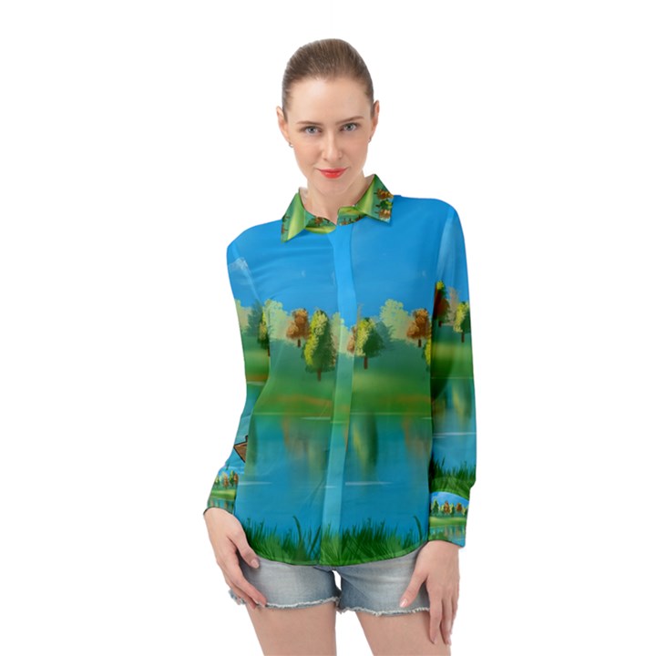 Digital Art Artwork Landscape Boat Long Sleeve Chiffon Shirt