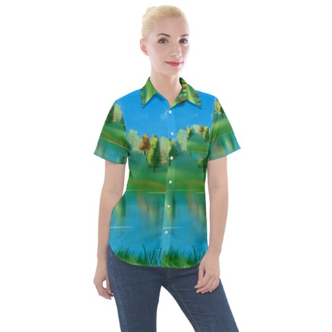 Digital Art Artwork Landscape Boat Women s Short Sleeve Pocket Shirt by Wegoenart