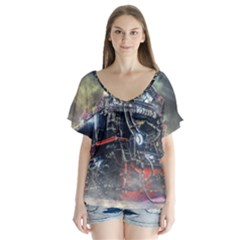 Steam Locomotive Br 99 Historically V-neck Flutter Sleeve Top by Wegoenart