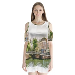 Amsterdam Holland Canal River Shoulder Cutout Velvet One Piece by Wegoenart