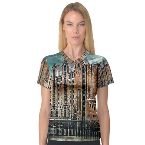 Architecture City Building Travel V-neck Sport Mesh Tee by Wegoenart