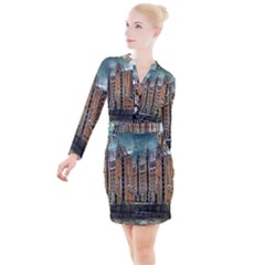 Architecture City Building Travel Button Long Sleeve Dress by Wegoenart