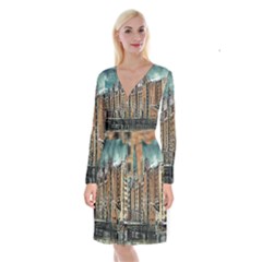 Architecture City Building Travel Long Sleeve Velvet Front Wrap Dress by Wegoenart