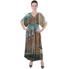 Architecture City Building Travel V-neck Boho Style Maxi Dress