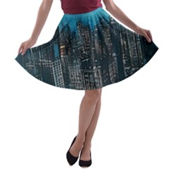 Cityscape Buildings Skyscraper A-line Skater Skirt by Wegoenart