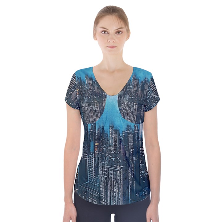 Cityscape Buildings Skyscraper Short Sleeve Front Detail Top