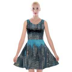 Cityscape Buildings Skyscraper Velvet Skater Dress by Wegoenart