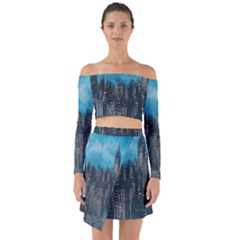 Cityscape Buildings Skyscraper Off Shoulder Top With Skirt Set by Wegoenart