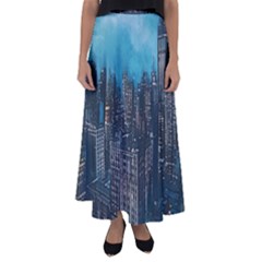 Cityscape Buildings Skyscraper Flared Maxi Skirt by Wegoenart