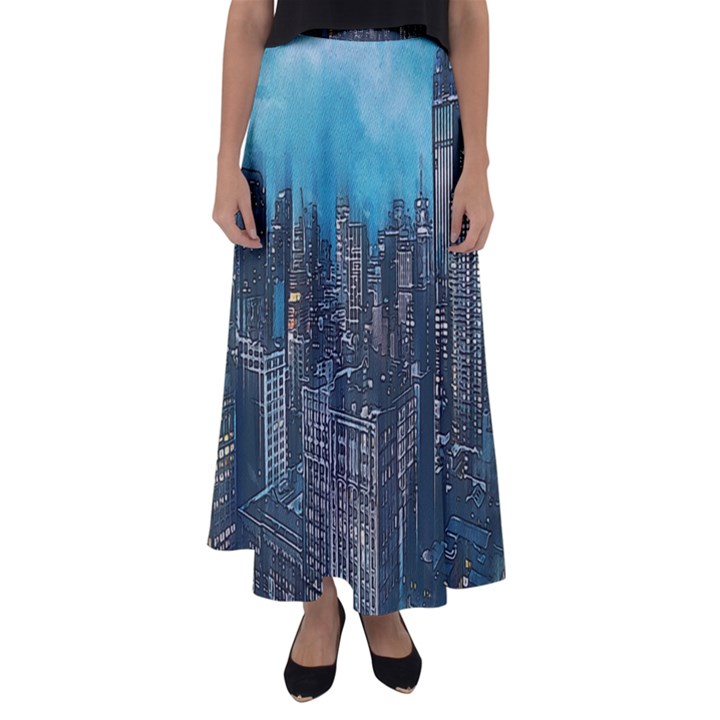 Cityscape Buildings Skyscraper Flared Maxi Skirt