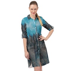 Cityscape Buildings Skyscraper Long Sleeve Mini Shirt Dress by Wegoenart