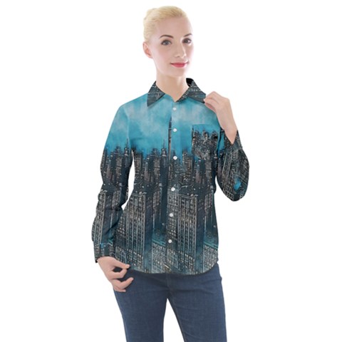 Cityscape Buildings Skyscraper Women s Long Sleeve Pocket Shirt by Wegoenart