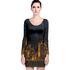 Architecture Buildings City Long Sleeve Velvet Bodycon Dress by Wegoenart