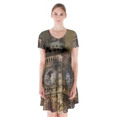 London Big Ben Building Short Sleeve V-neck Flare Dress by Wegoenart