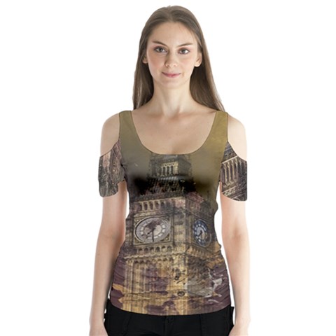 London Big Ben Building Butterfly Sleeve Cutout Tee  by Wegoenart