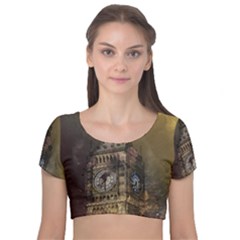 London Big Ben Building Velvet Short Sleeve Crop Top  by Wegoenart