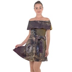 London Big Ben Building Off Shoulder Velour Dress