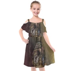 London Big Ben Building Kids  Cut Out Shoulders Chiffon Dress