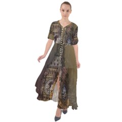 London Big Ben Building Waist Tie Boho Maxi Dress