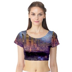 City Lights Skyline Buildings Short Sleeve Crop Top by Wegoenart