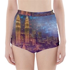 City Lights Skyline Buildings High-waisted Bikini Bottoms by Wegoenart