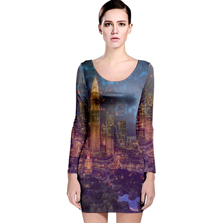 City Lights Skyline Buildings Long Sleeve Velvet Bodycon Dress