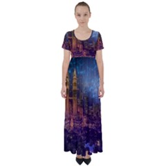 City Lights Skyline Buildings High Waist Short Sleeve Maxi Dress by Wegoenart