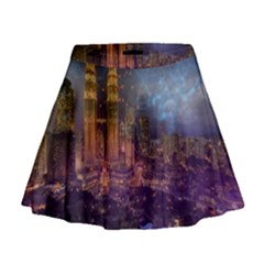 City Lights Skyline Buildings Mini Flare Skirt by Wegoenart