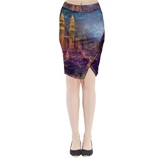 City Lights Skyline Buildings Midi Wrap Pencil Skirt by Wegoenart