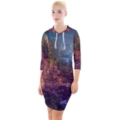 City Lights Skyline Buildings Quarter Sleeve Hood Bodycon Dress by Wegoenart