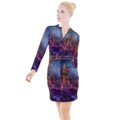 City Lights Skyline Buildings Button Long Sleeve Dress by Wegoenart