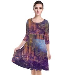 City Lights Skyline Buildings Quarter Sleeve Waist Band Dress by Wegoenart