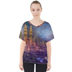 City Lights Skyline Buildings V-neck Dolman Drape Top by Wegoenart